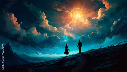 Beautiful artistic digital painting of silhouettes of a couple man and woman standing on a hill surrounded by fantastic scenic mystical landscape. Love romance wedding colorful illustration concept. photo