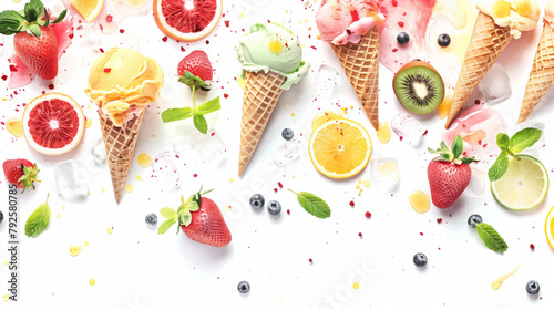 Colorful flat lay of ice cream cones with various fruits and splashes on white photo