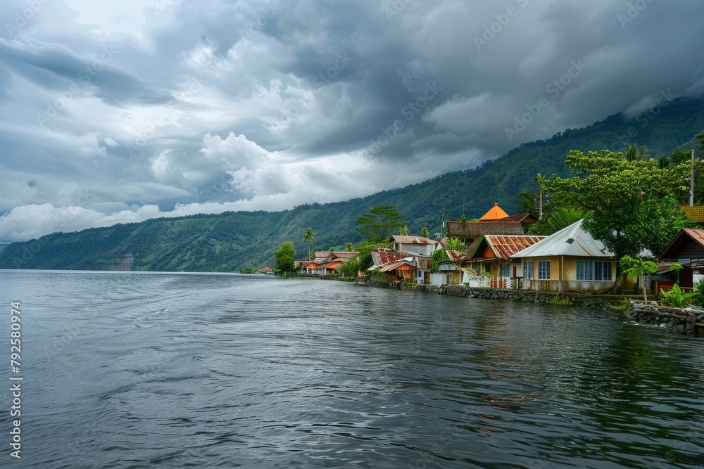 Shot between the river and Lake Toba in cloudy weather - generative ai Shot between the river and Lake Toba in cloudy weather - generative ai