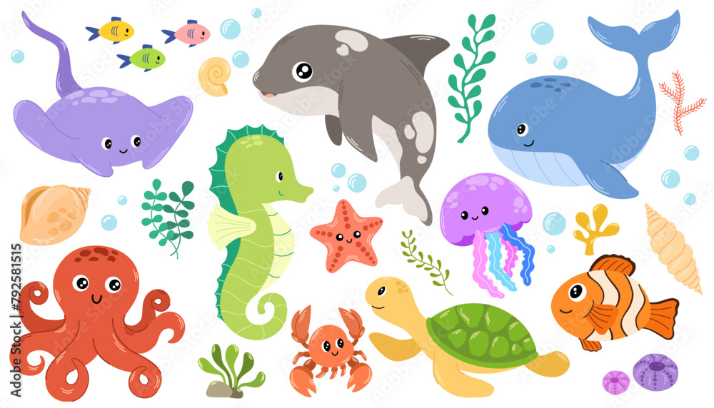 Sea life elements set. Hand draw vector doodle cartoon set of marine life objects for your design. Sea life elements set. Hand draw vector doodle cartoon set of marine life objects for your design.