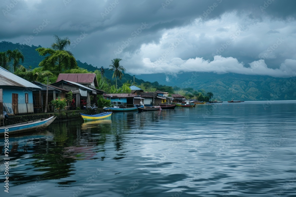 Shot between the river and Lake Toba in cloudy weather - generative ai Shot between the river and Lake Toba in cloudy weather - generative ai