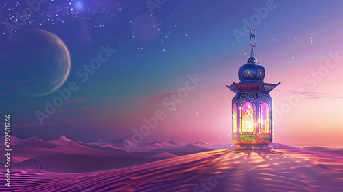 Colorful Ramadan lantern on desert dunes. 