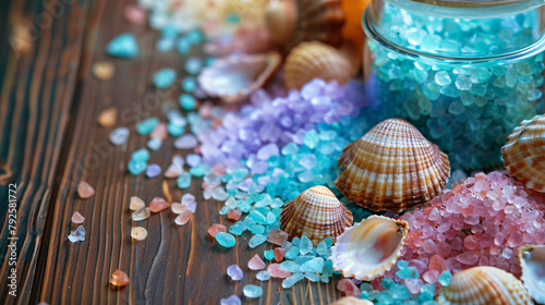 Colorful sea salts and seashells for the bathroom  photo