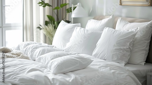 Untouched white bed linens neatly arranged on a bed, exuding freshness and cleanliness in the bedroom. © Saeed