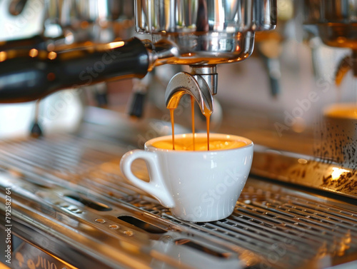 Espresso versato in una tazzina da caffè attraverso una macchina da caffè, primo piano 