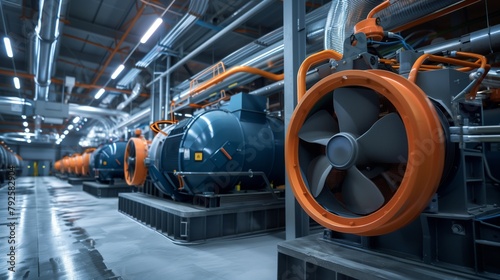 Modern industrial boilers with large orange fans in an industrial setting photo