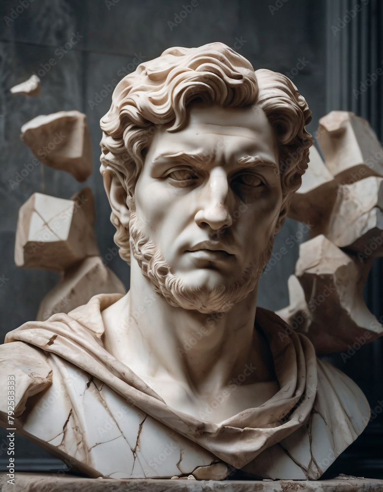 A broken statue, of marble,  pieces scattered around, suggesting a scene of artistic ruin.