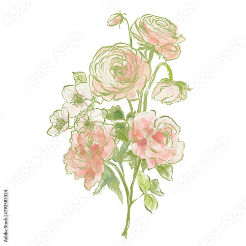 Oil painting abstract bouquet of ranunculus, rose, peony and jasmine. Hand painted floral composition isolated on white background. Holiday Illustration for design, print, fabric or background. (ID: 792583324)
