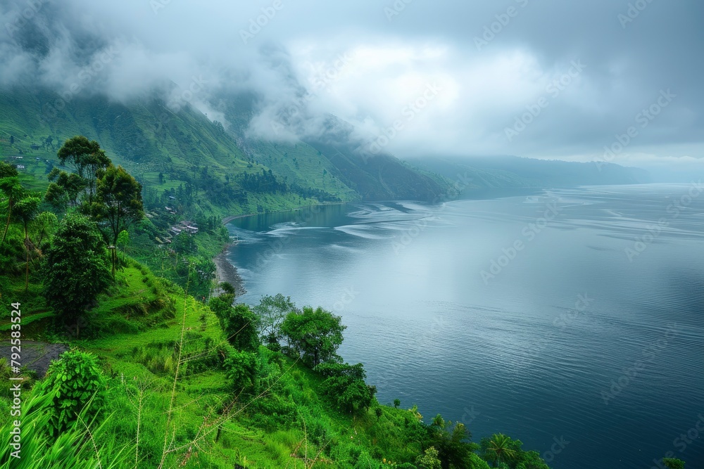 Shot between the river and Lake Toba in cloudy weather - generative ai 