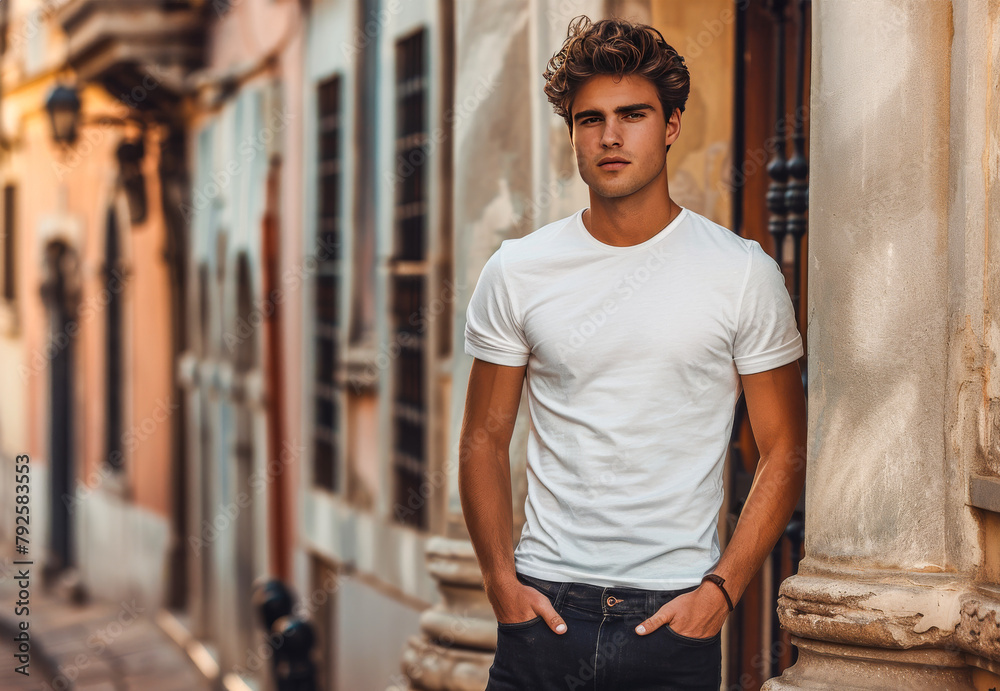 Fototapeta premium Handsome Male Model. Generated Image. A digital rendering of a handsome male model in black denim jeans and a white shirt.