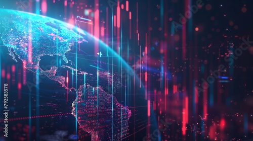 A digital image of Earth with a glowing financial chart on it. The chart shows a graph with rising stock prices. There are also other informational elements and a transparent world map