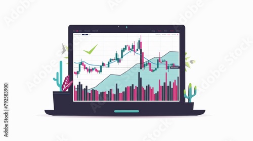 Charts and stock exchange candle graphs on laptop screen, white background