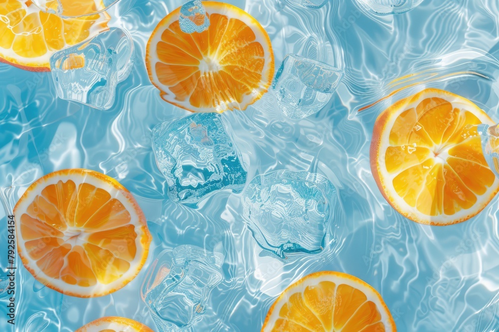 Creative summer background with orange fruit slices in swimming pool water. Summer wallpaper Creative summer background with orange fruit slices in swimming pool water. Summer wallpaper