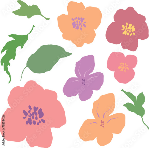 Vector abstract flowers and leaves set. Hand painted floral composition of wildflowers isolated on white background. Holiday Illustration for design, print, fabric or background.