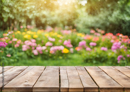 Background empty wooden table across summer time in backyard garden 