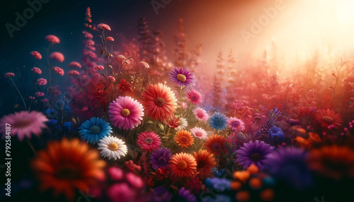 A vibrant  colorful garden with a variety of flowers  including daisies and clovers. The focus on a group of flowers