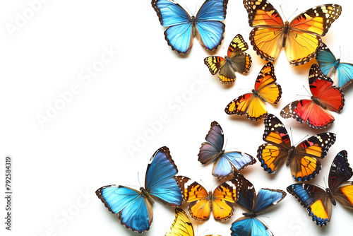 A group of colorful butterflies are arranged in a row. The butterflies are of different colors and sizes, creating a vibrant and lively scene. Concept of joy and beauty. White Background