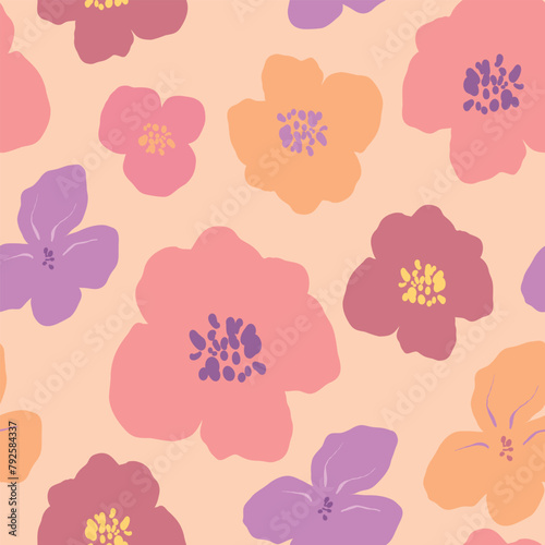 Vector abstract flower seamless pattern. Hand painted floral composition of wildflowers isolated on beige background. Holiday Illustration for design, print, fabric or background. (ID: 792584337)