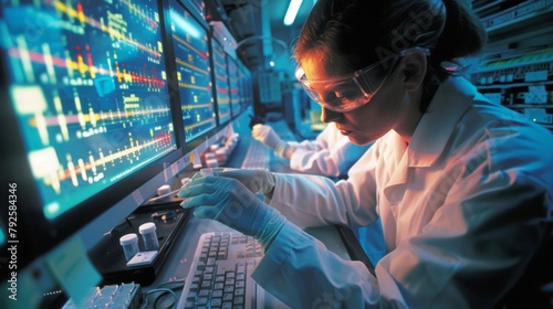 A forensic scientist yzing DNA samples in a sterile laboratory with computer screens displaying complex genetic sequences. . photo