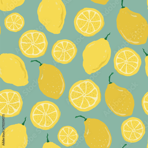 Vector abstract lemons seamless pattern. Hand painted fruits isolated on blue background. Holiday Illustration for design, print, fabric or background. (ID: 792584575)