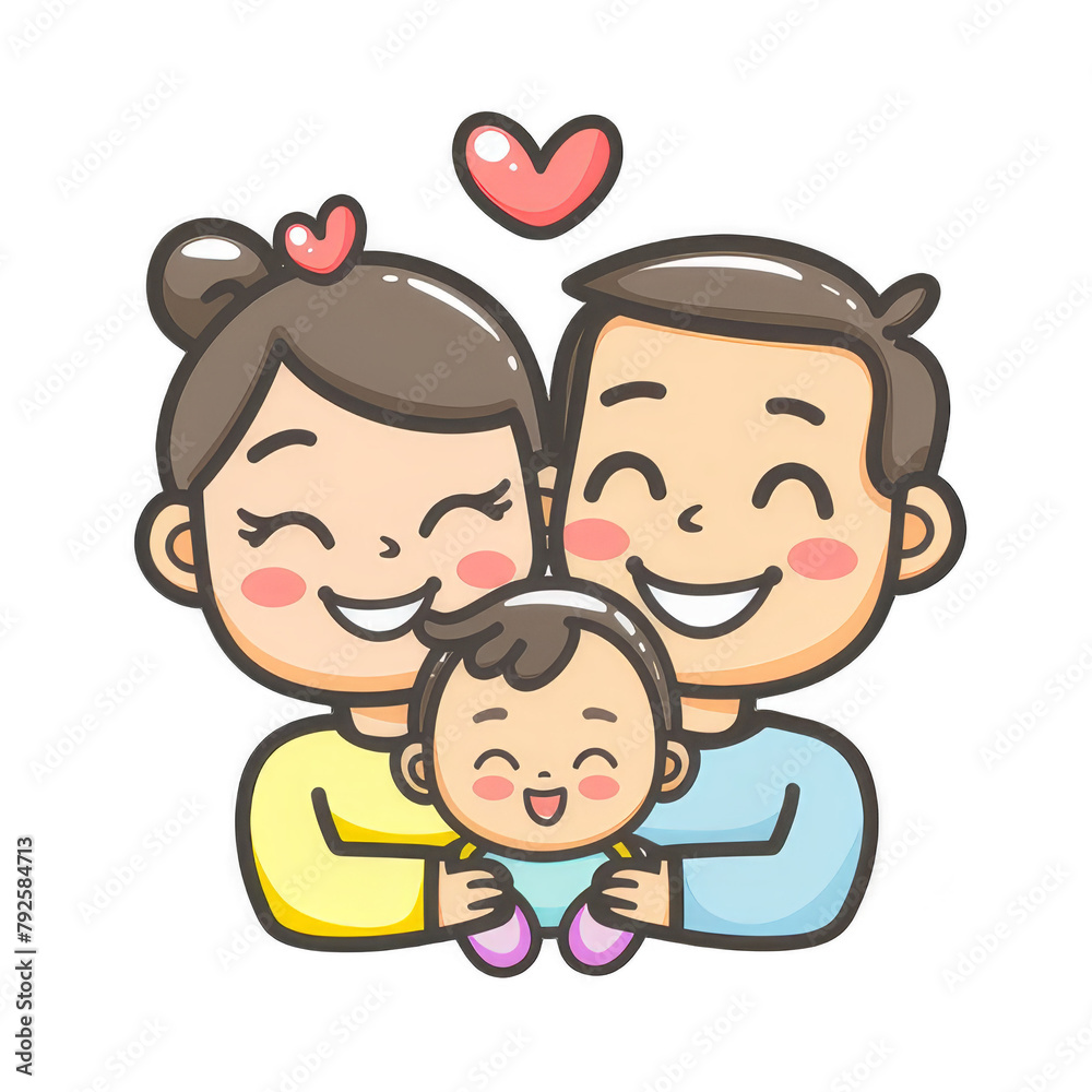 Joyful Cartoon Family Hug with Floating Hearts Joyful Cartoon Family Hug with Floating Hearts
