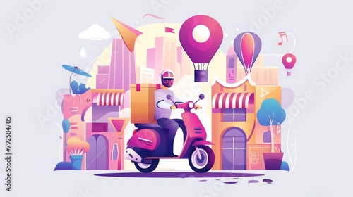 Moped on phone screen, online delivery service concept, vector illustration