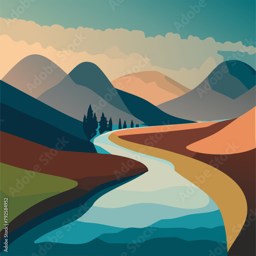 Summer beauty landscape with river flowing through hills and mountains on background Vector illustration  10 eps