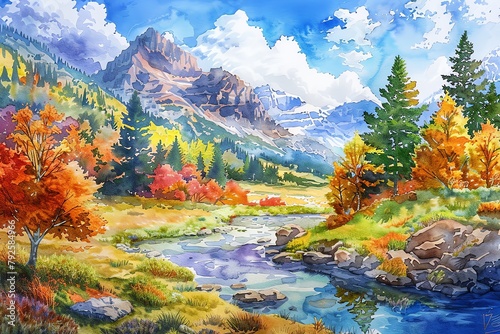 Paint a series of watercolor landscapes depicting various national parks during each of the four seasons,  photo