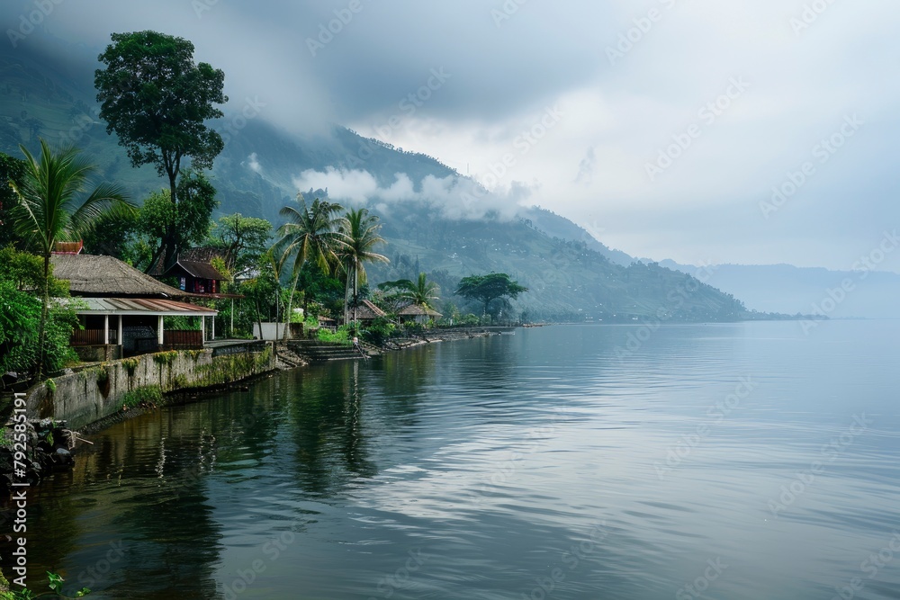 Shot between the river and Lake Toba in cloudy weather - generative ai Shot between the river and Lake Toba in cloudy weather - generative ai