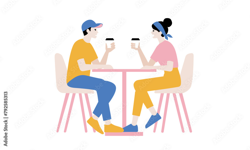 a couple or friend sitting and drinking coffee together in cafe