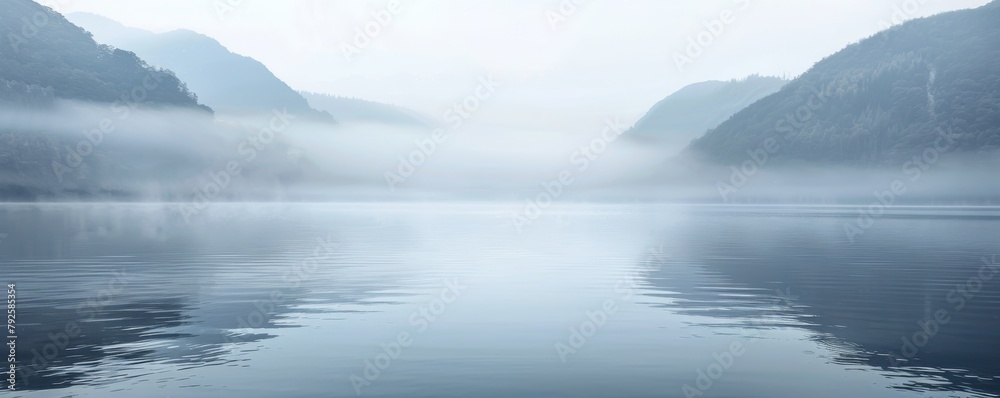 Misty morning over a serene lake surrounded by forested mountains