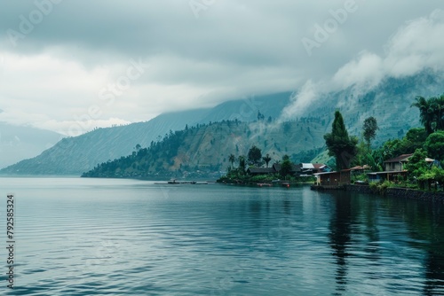 Shot between the river and Lake Toba in cloudy weather - generative ai 