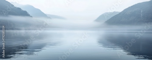 Misty morning over a serene lake surrounded by forested mountains photo