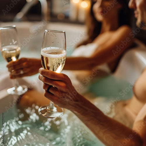 A woman is drinking champagne in a bathtub with a woman holding a glass of champagne. photo