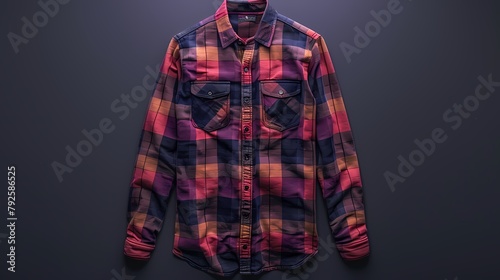 A casual and laid-back flannel shirt mockup on a solid purple background, capturing its plaid pattern and relaxed fit, all photographed in high definition to showcase its cozy and versatile nature