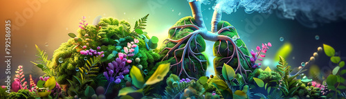 A colorful, lush forest with a tree that looks like a lung. The lung tree is surrounded by many other trees and plants, creating a vibrant and healthy atmosphere