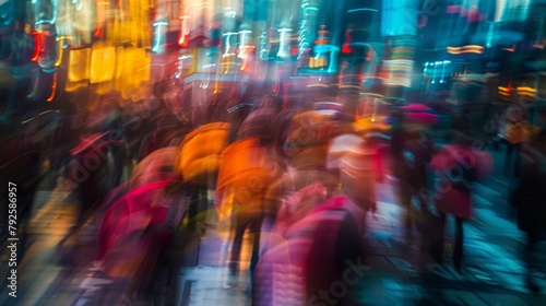 With the background blurred and indistinct the rush of work commuters becomes a captivating blur of color and movement like a chaotic yet coordinated performance on the busy city stage. .