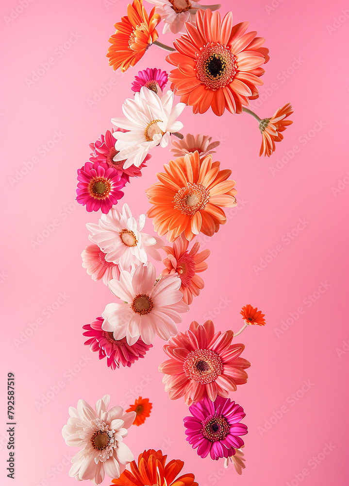 Gerbera flowers in warm colours levitating in the air in a vertical composition against a pastel pink background. Mother's and Women's Day celebration. Gerbera flowers in warm colours levitating in the air in a vertical composition against a pastel pink background. Mother's and Women's Day celebration.
