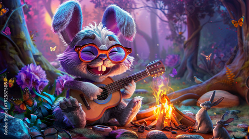 A cartoon rabbit is playing a guitar and sitting by a fire. The scene is whimsical and playful, with a sense of warmth and relaxation