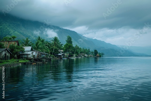 Shot between the river and Lake Toba in cloudy weather - generative ai 