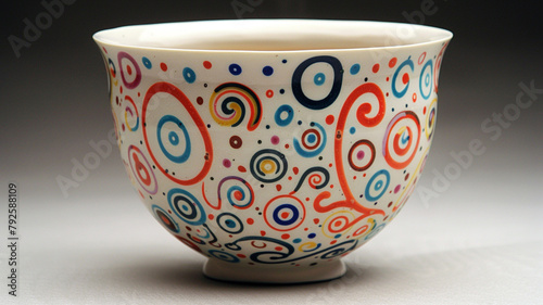 A ceramic tea cup featuring a whimsical pattern of swirls and dots