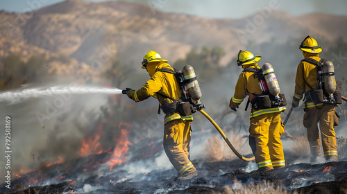 Firefighters fighting a wildfire. Firemen extinguishing a blazing wild fire in nature.