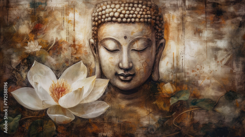 Buddha and Lotus Flower. Buddha Purnima. Vesak day. Meditating Buddha and White Lotus