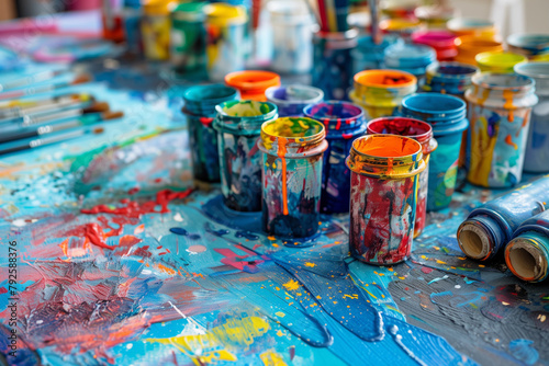 Various open paint jars and brushes strewn on a vibrant, paint-covered surface, depicting a creative chaos. AI Generated.