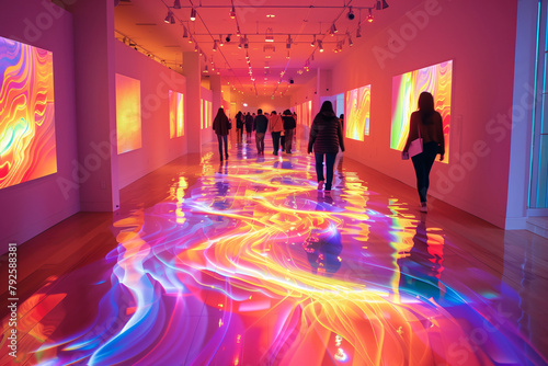 Visitors interacting with a vibrant, flowing augmented reality art installation in a modern gallery. AI Generated.