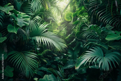 The jungle canopy comes alive with radiant light filtering through, highlighting the intricate details of each leaf. AI Generated