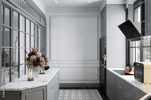 Provencal dark classic kitchen in white tones, close up.
