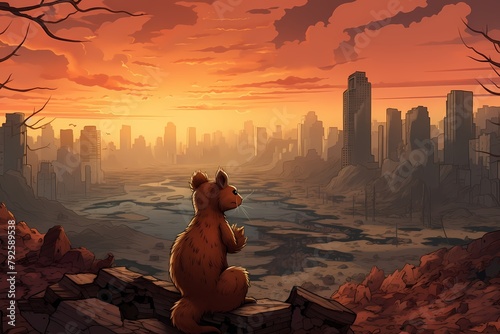 cartoon illustration, a squirrel in a ruined city with a sunset photo