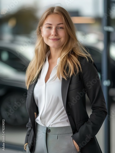 Confident female real estate agent standing outside car showroom Proudly Conveying expertise and accessibility Ready to help buyers of hybrid cars On the background of a car showroom. generative AI