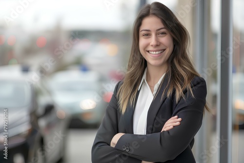 Confident female real estate agent standing outside car showroom Proudly Conveying expertise and accessibility Ready to help buyers of hybrid cars On the background of a car showroom. generative AI